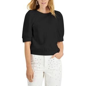 INC International Concepts Puff-Sleeve Crewneck Sweatshirt Black Top - S